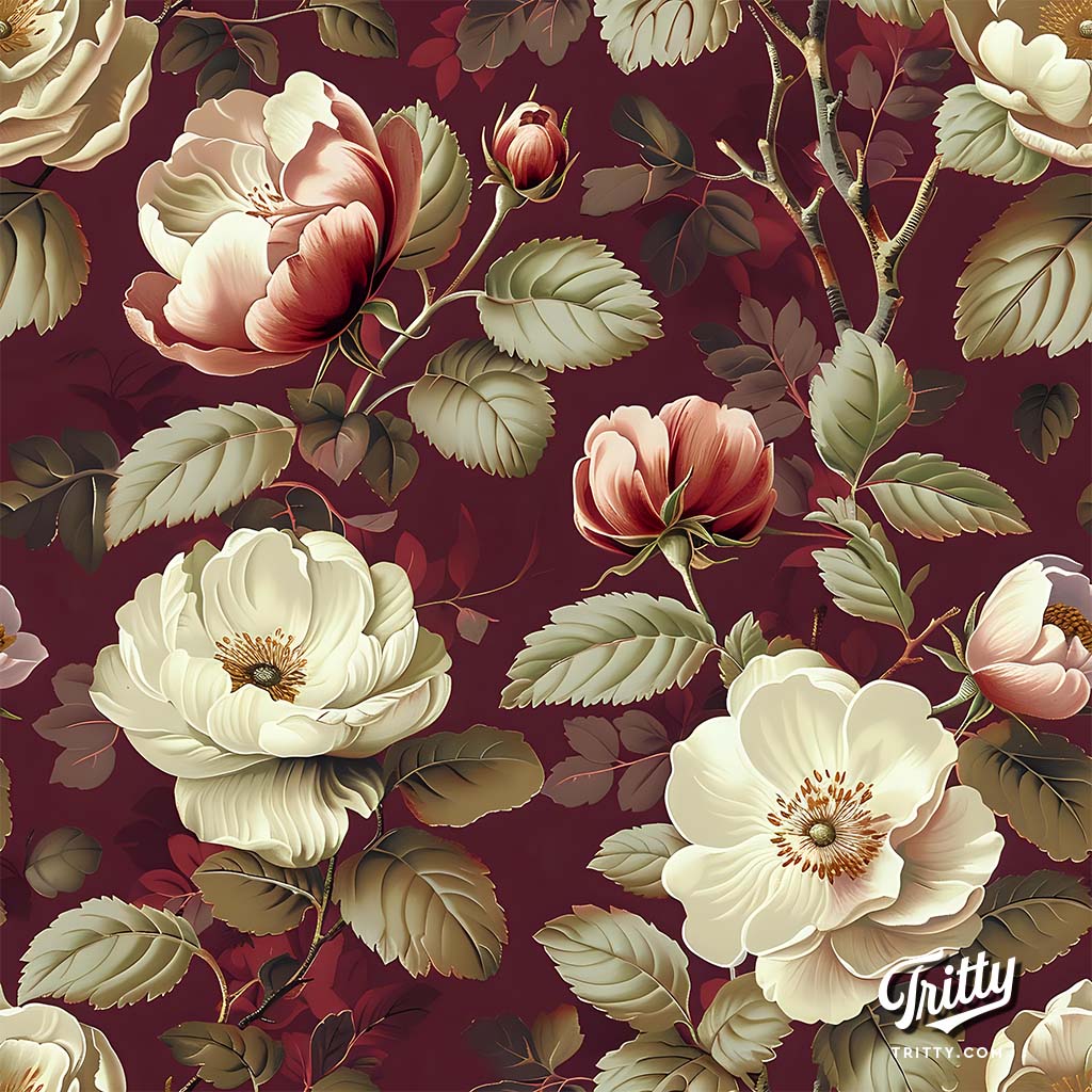 Seamless Pattern of Flowers and Leaves on Dark Red Background with Painterly Details