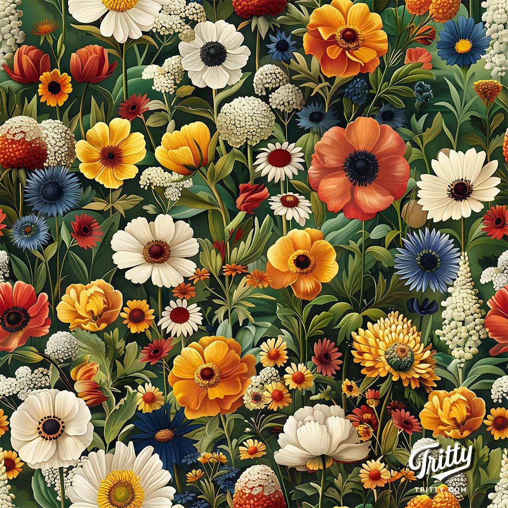 Seamless pattern of Vibrant Floral Garden on Dark Green Background with Modern Stylized Aesthetic