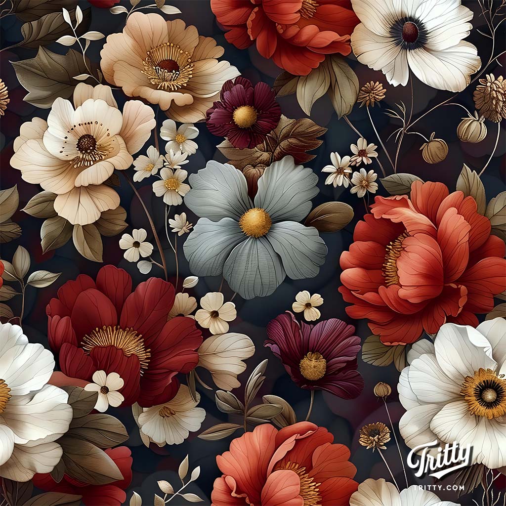 Seamless pattern of Flowers and Leaves in Dark Opulent Garden