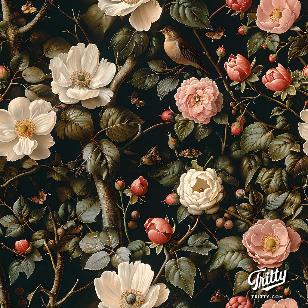 Seamless pattern of Vintage Botanical Flowers on Dark Green Background with Insects and Depth Effect