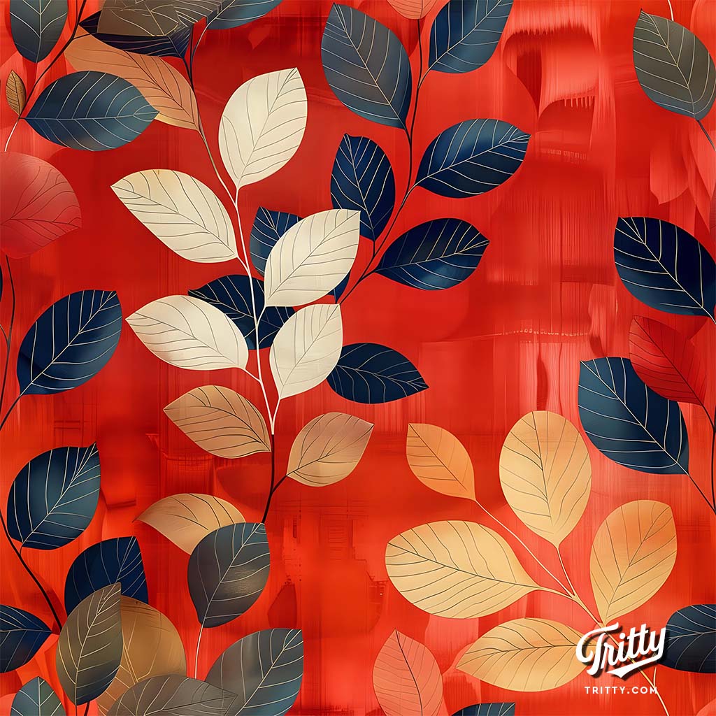 Seamless pattern of scattered leaves on red background with blue, yellow, and white accents and shadows
