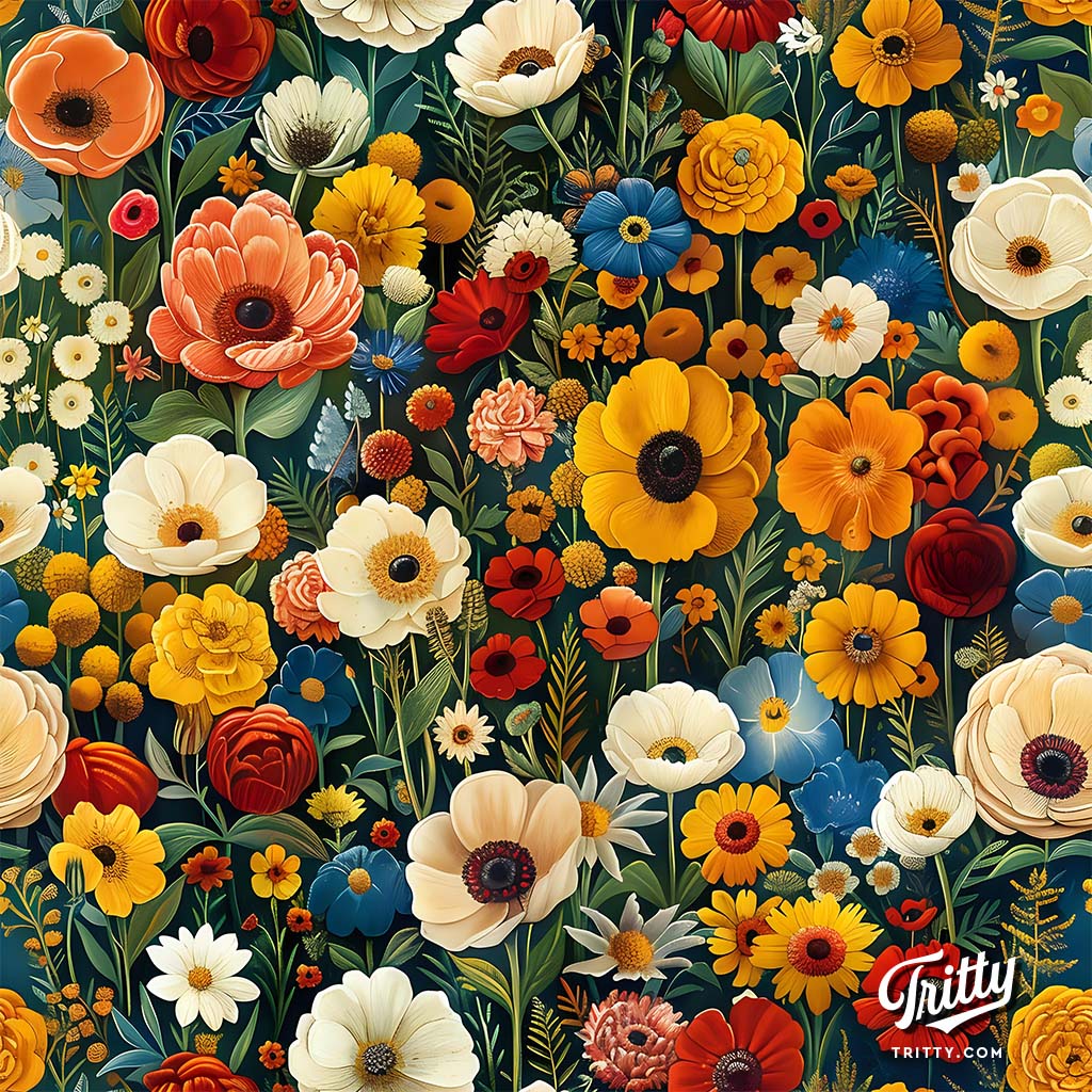 Seamless pattern of Blooming Meadow in Emerald Green with Golden Accents