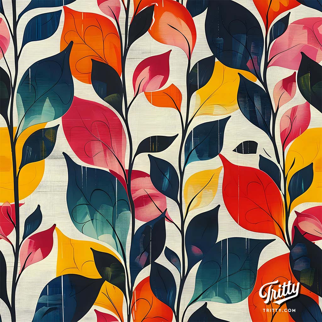 Seamless Pattern of Stylized Leaves in Verdant Beige with Red Accents and Mid-Century Modern Influence