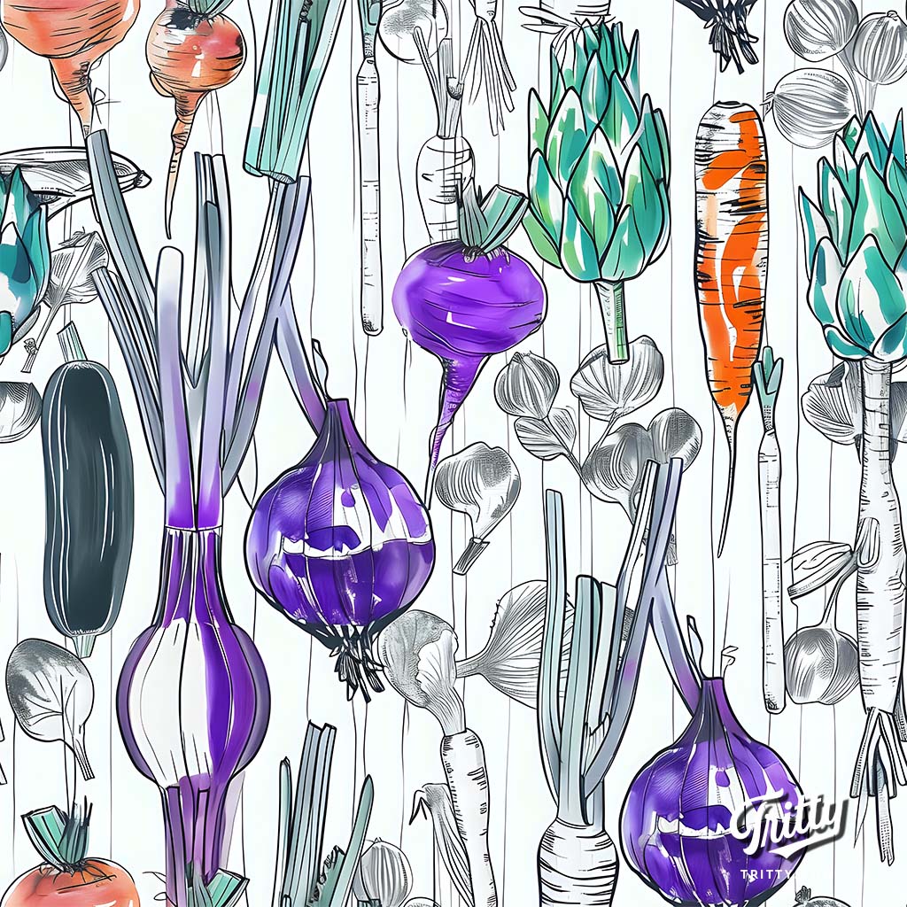 Seamless Pattern of Vegetables on White with Purple Accents and Hand-Drawn Style
