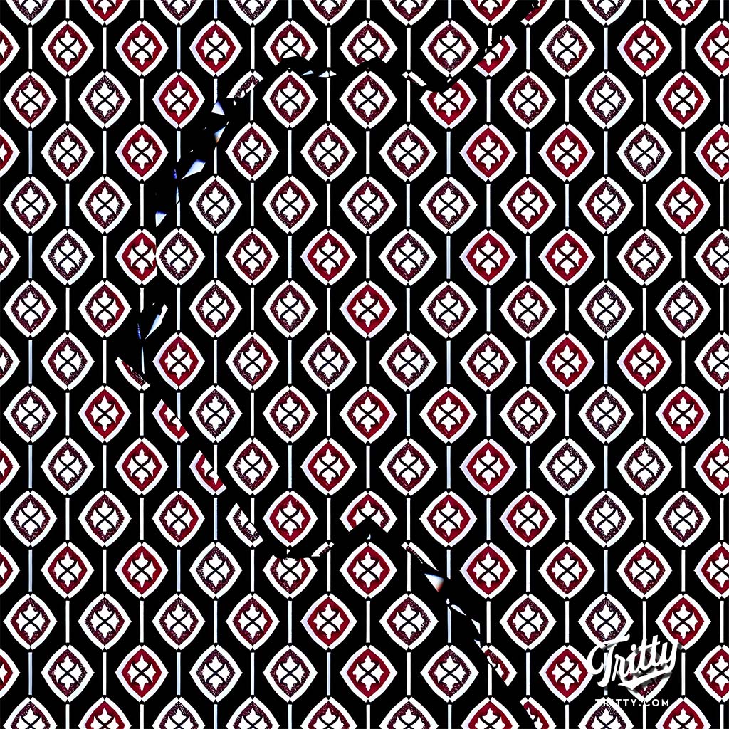 Seamless Pattern of Diamond Motifs on Black Background with Red Accents and Vertical Lines